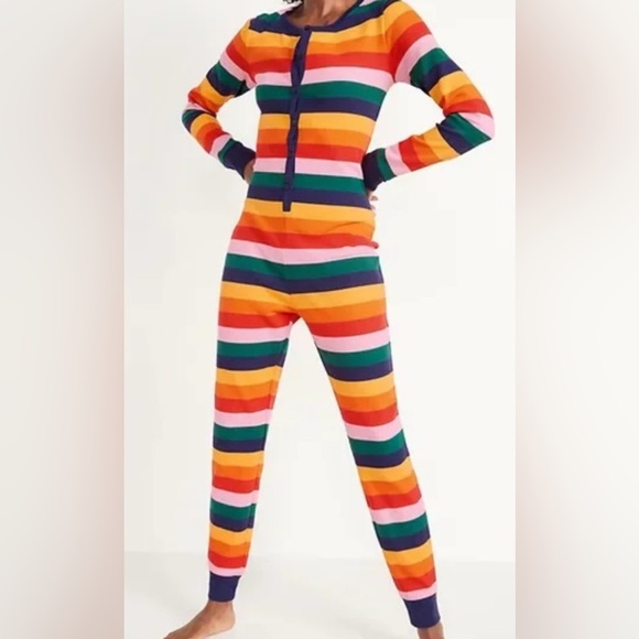 Old Navy Rainbow Striped Thermal-Knit Buttoned Onesie Pajamas - Picture 1 of 5